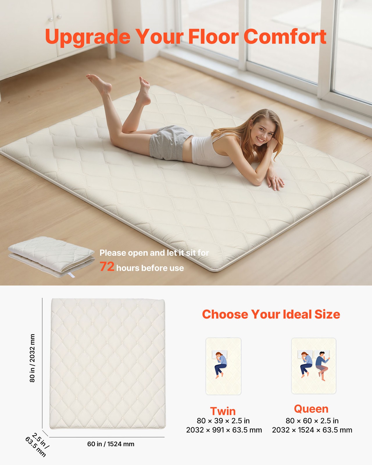 VEVOR Japanese Tatami Mattress Queen Foldable Futon Mat with Storage Bag White