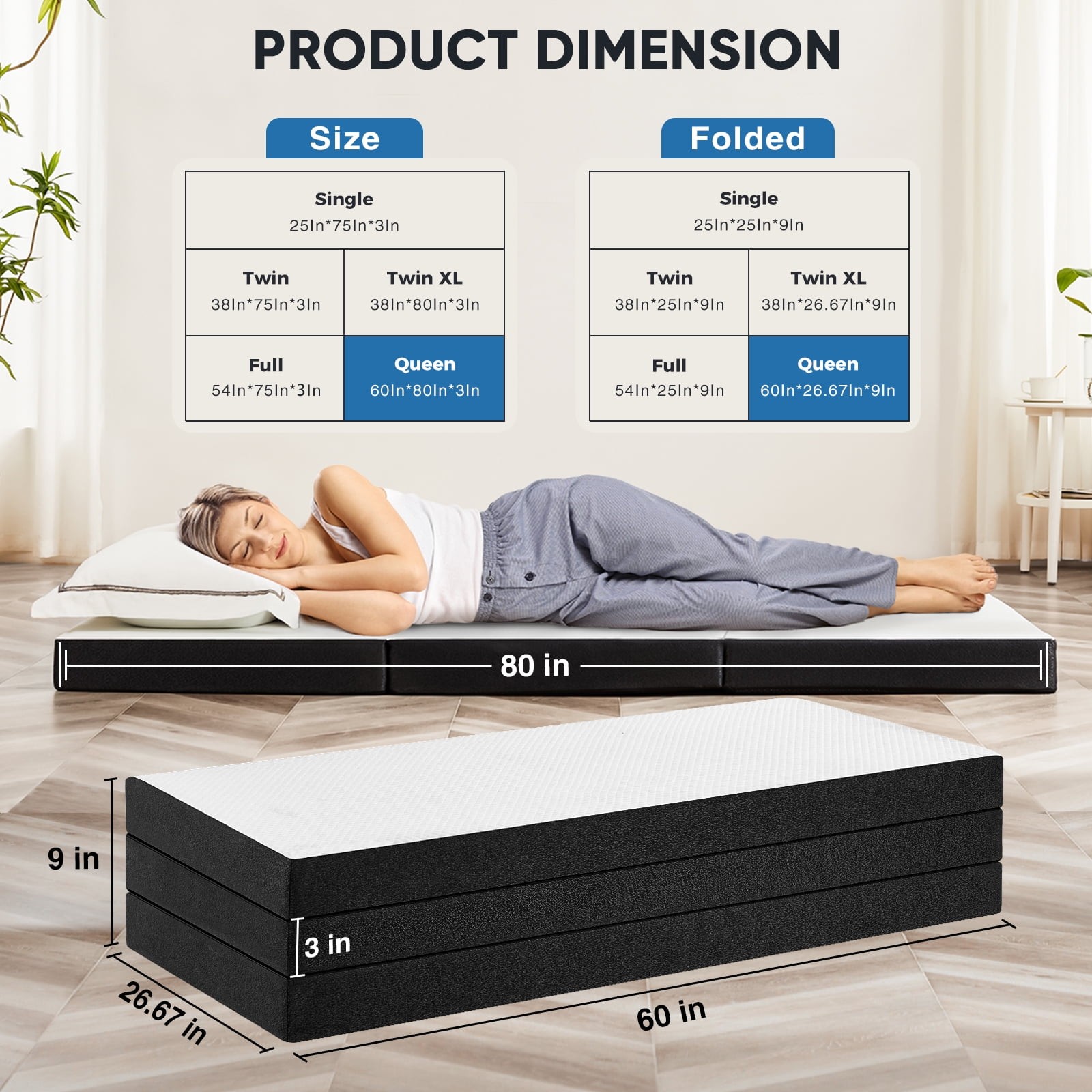 Colchon Triplegable Queen 60x80x3 Para Dormir En El Piso Colchonetas De Memory