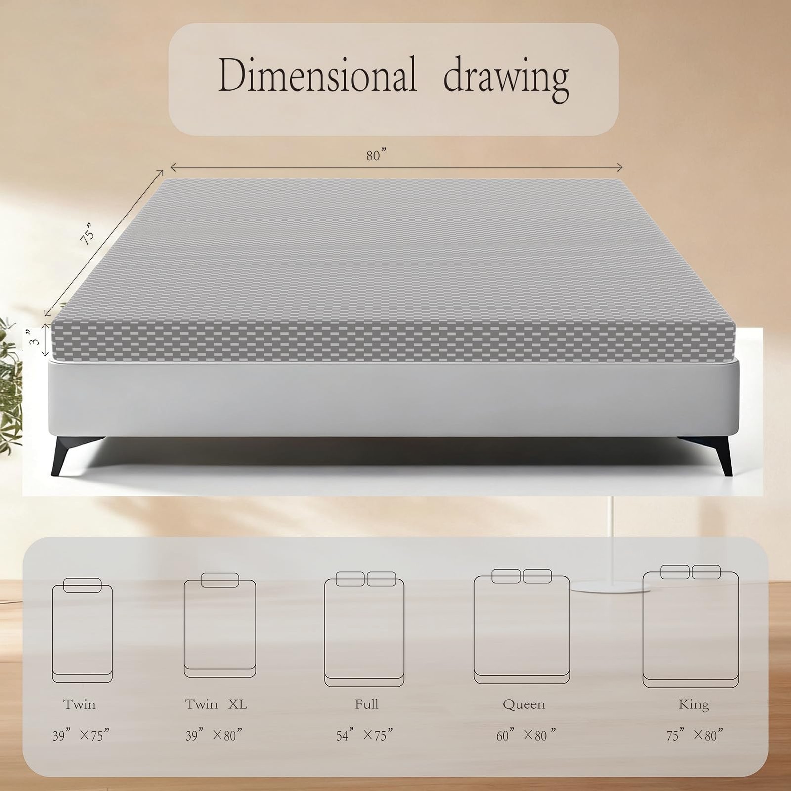 Queen Mattress, 3 Inch Memory Foam Queen Bed Mattress in A , Pressure with Me…