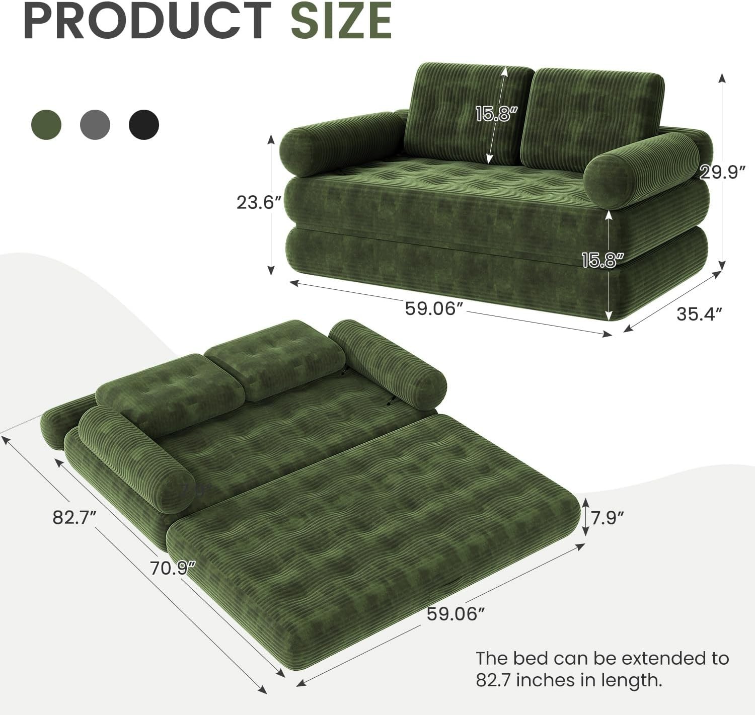 59″ Convertible Sofa Bed, Folding Loveseat Sleeper Chair with Pillows