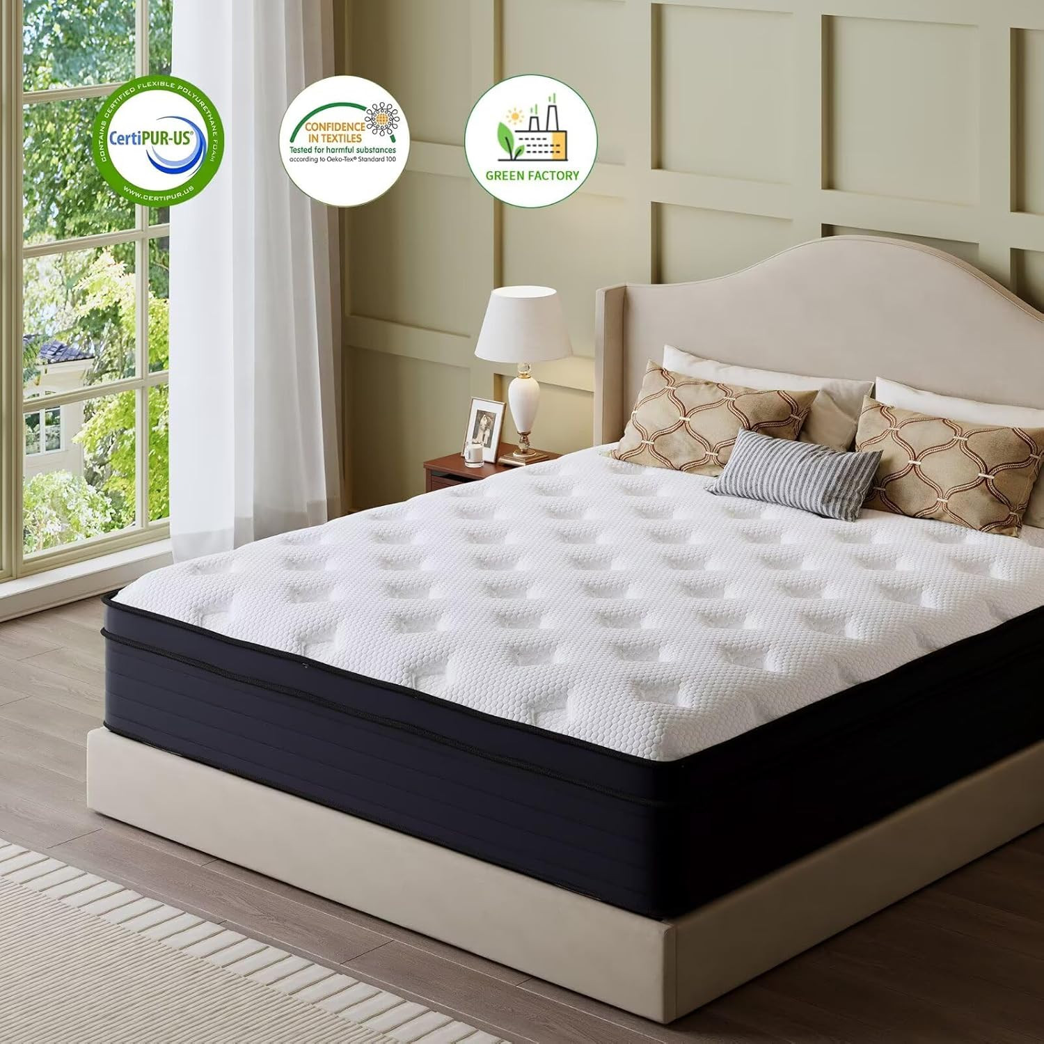 Full Size Mattress, 14 Inch Hybrid Bed in a Box, Green Tea & Cooling Gel Memory