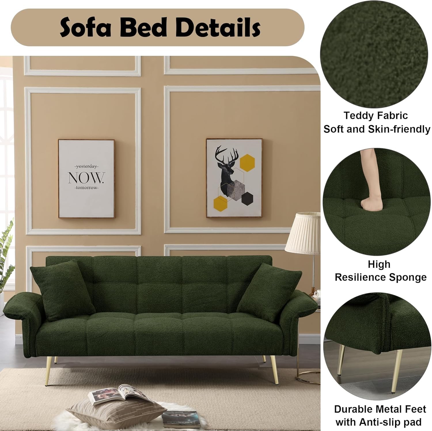 70.1″ Futon Sofa Bed with Folding Armrests,Convertible Double Couch W/ 3