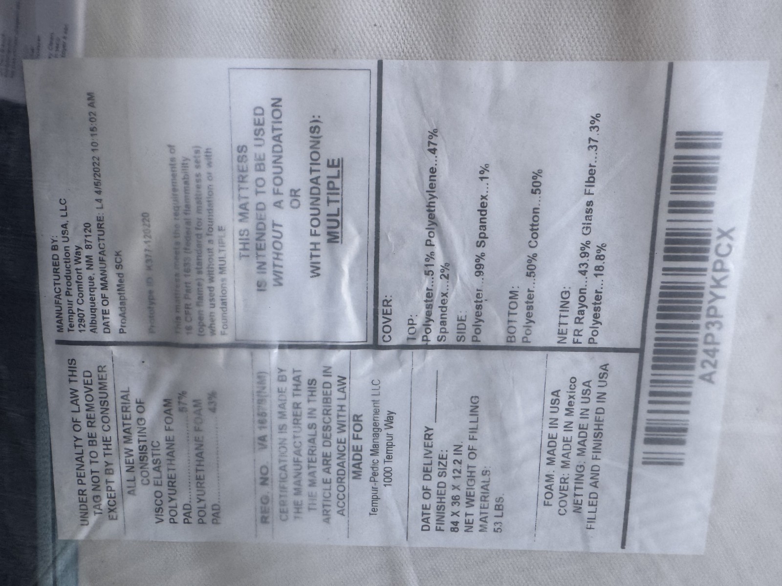 Tempur-pedic mattress Pro Adapt Medium Contour Tech Twin XL/Split CK ex-display.