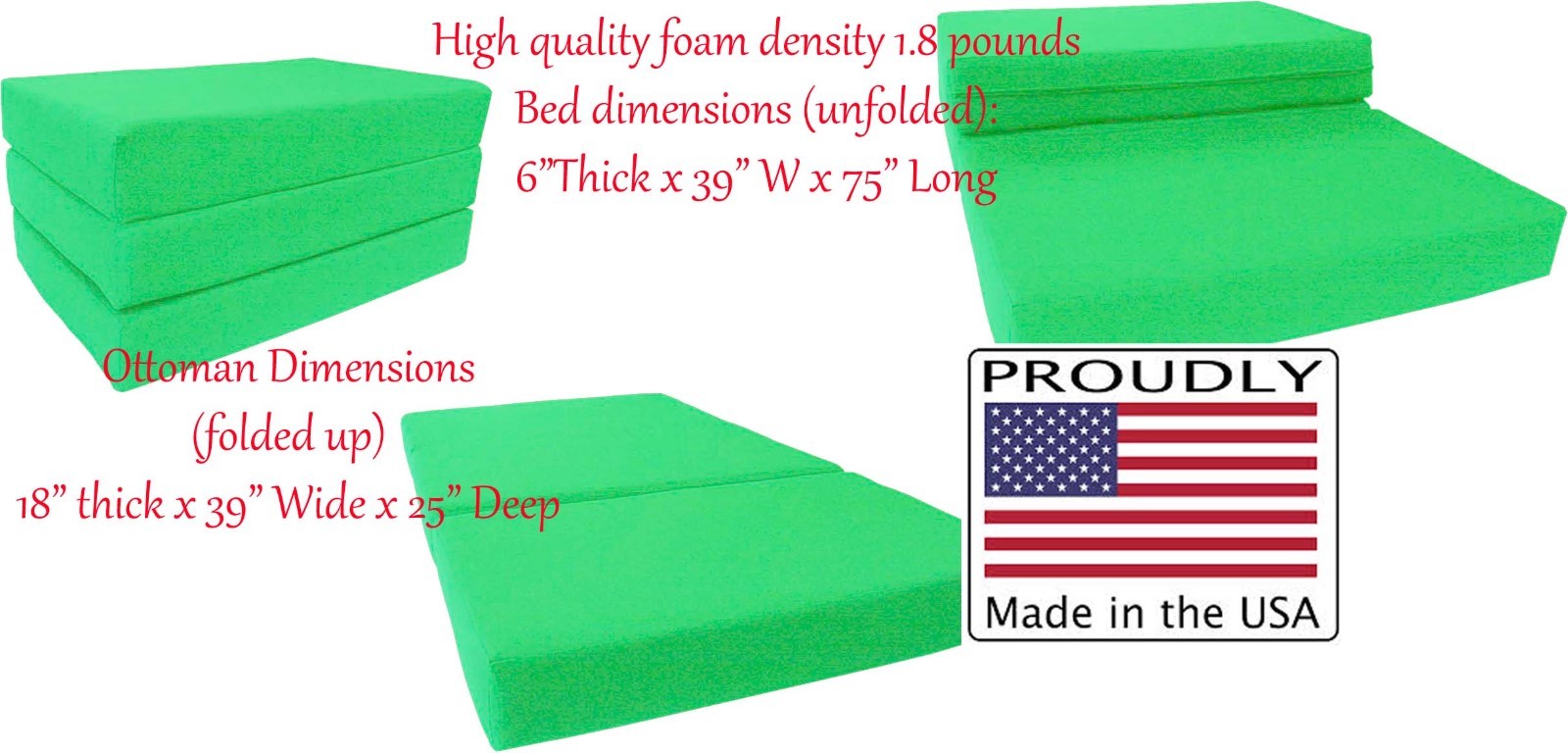 Queen Lime Tri Fold Foam Bed, Folding Mattress 6 x 60 x 80, 1.8 lbs Density