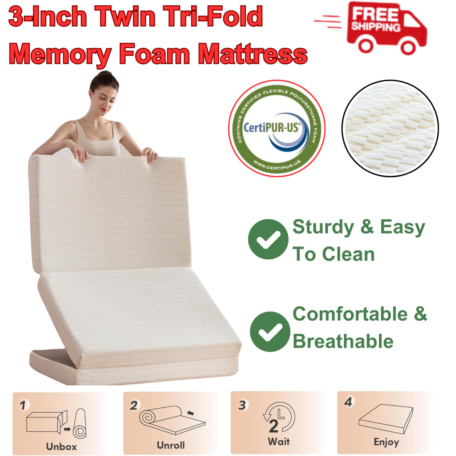 3-Inch Twin Tri-Fold Memory Foam Mattress, Portable Foldable Guest Bed W/ Cover