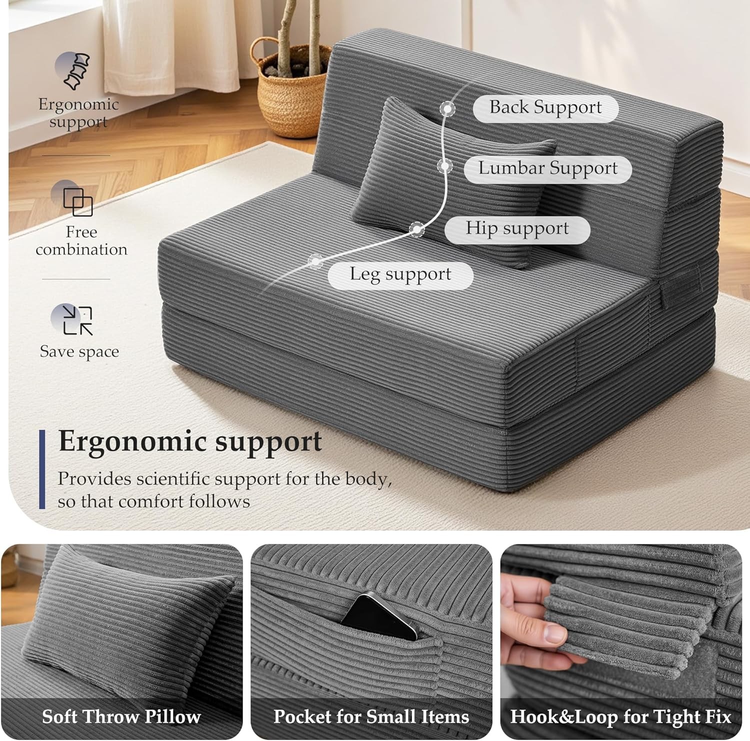 Folding Sofa Bed Convertible Sleeper Chair with Pillow, 4-in-1