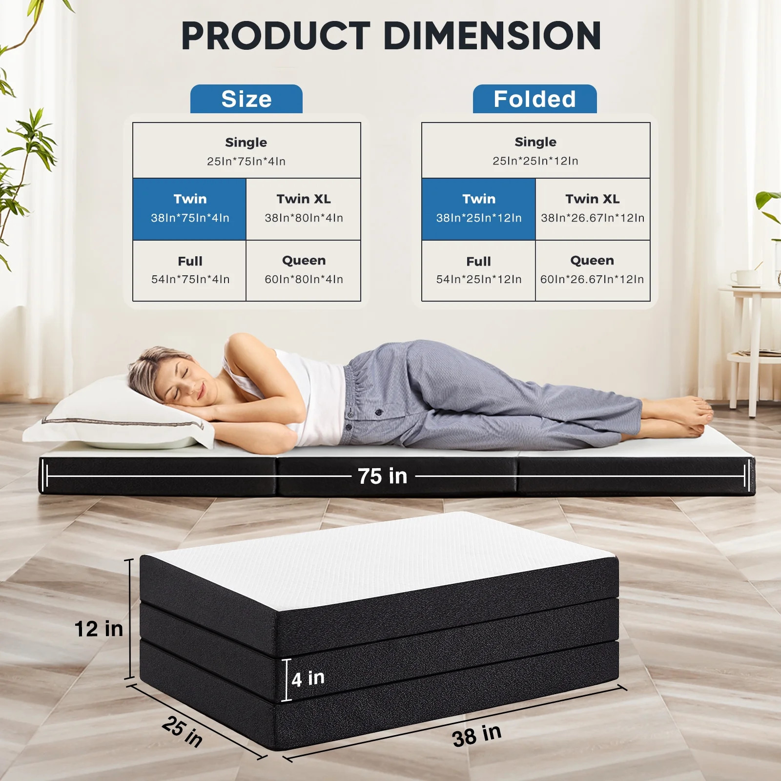 4 Inch Twin Size Tri-Fold Memory Foam Mattress, Portable Foldable Floor Bed with