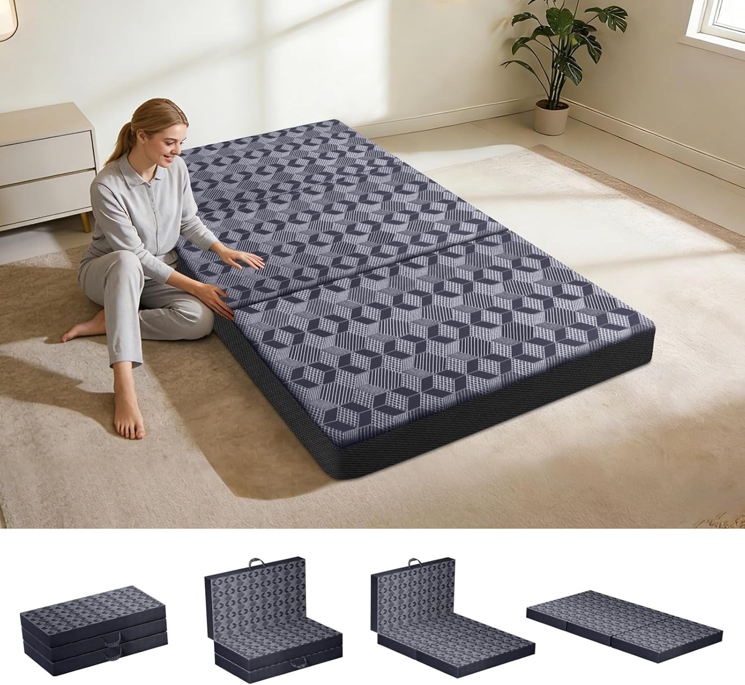 Portable Tri-Fold Twin Mattress, 4″ Memory Foam, Washable Cover, Dark Grey