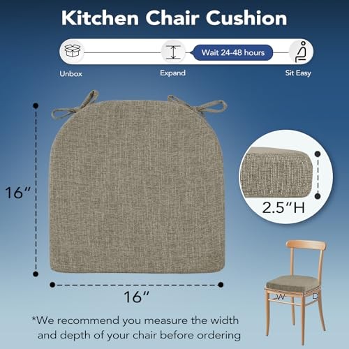 Chair Cushions for Dining Chairs, Non Slip Chair Pads with Ties Pack of 6 Khaki