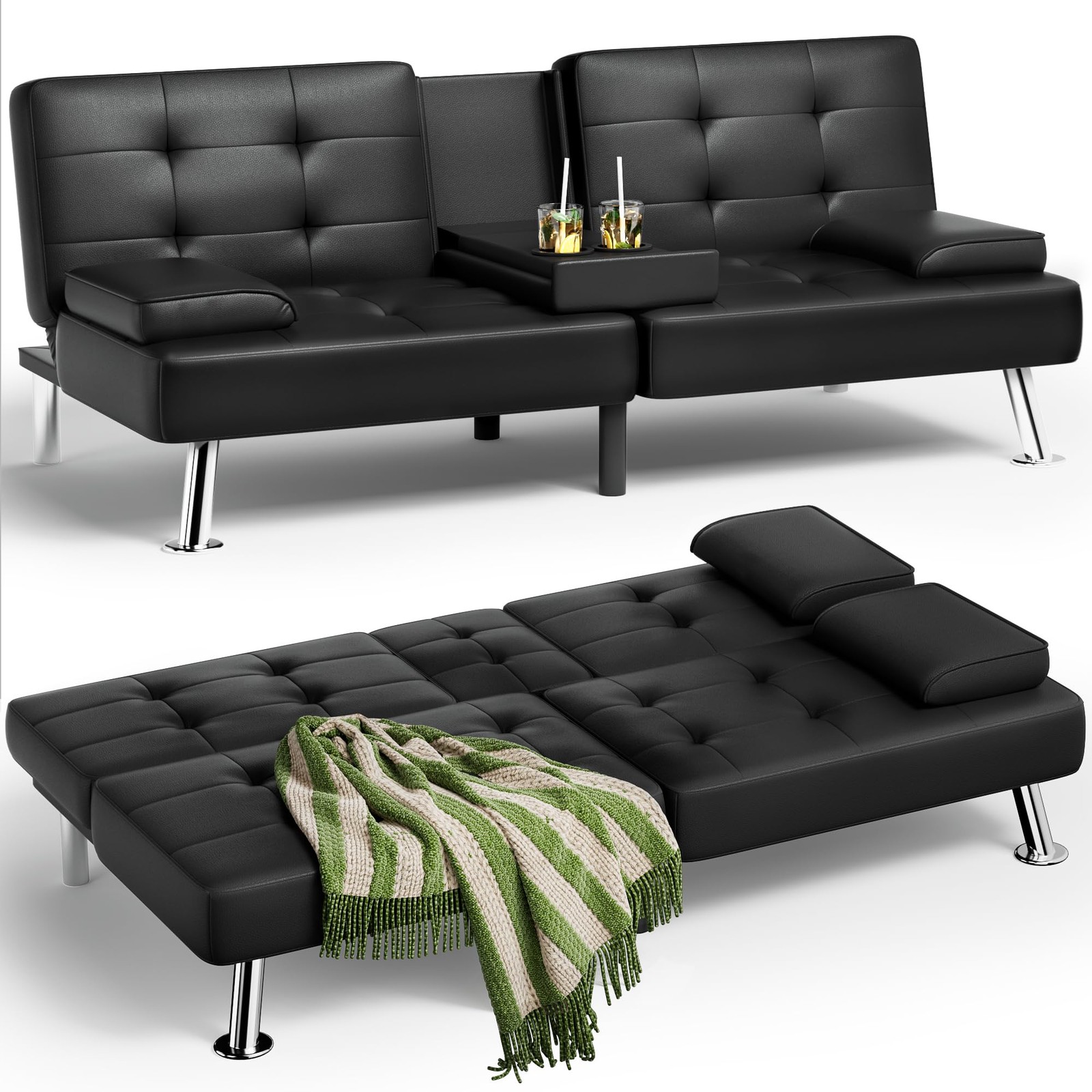 Homall Futon Sofa Bed, Leather 65 inches x 30.7 x 28 inches, Black