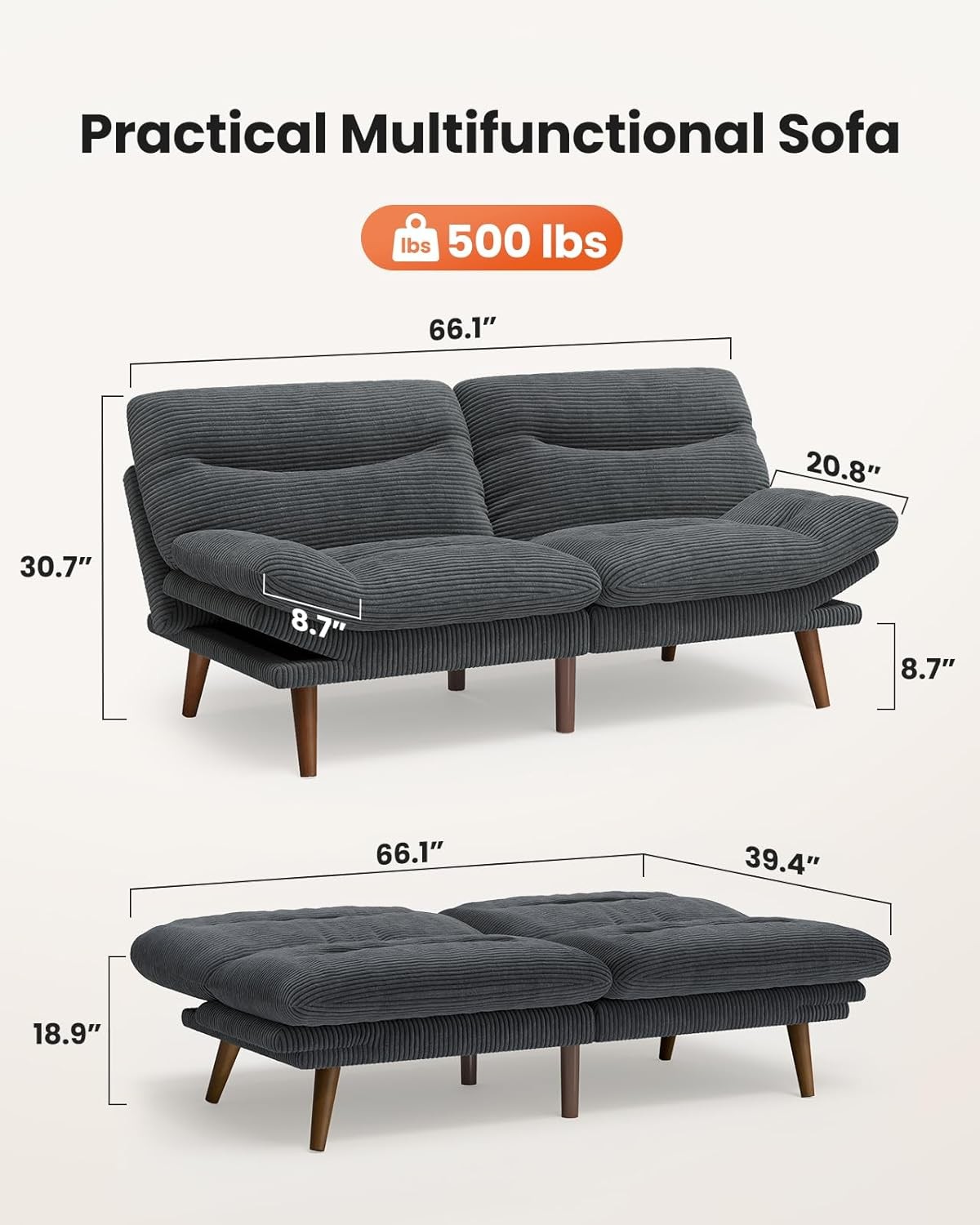 ada 66″ Convertible Futon Sofa Bed, Corduroy Folding Futon Set with