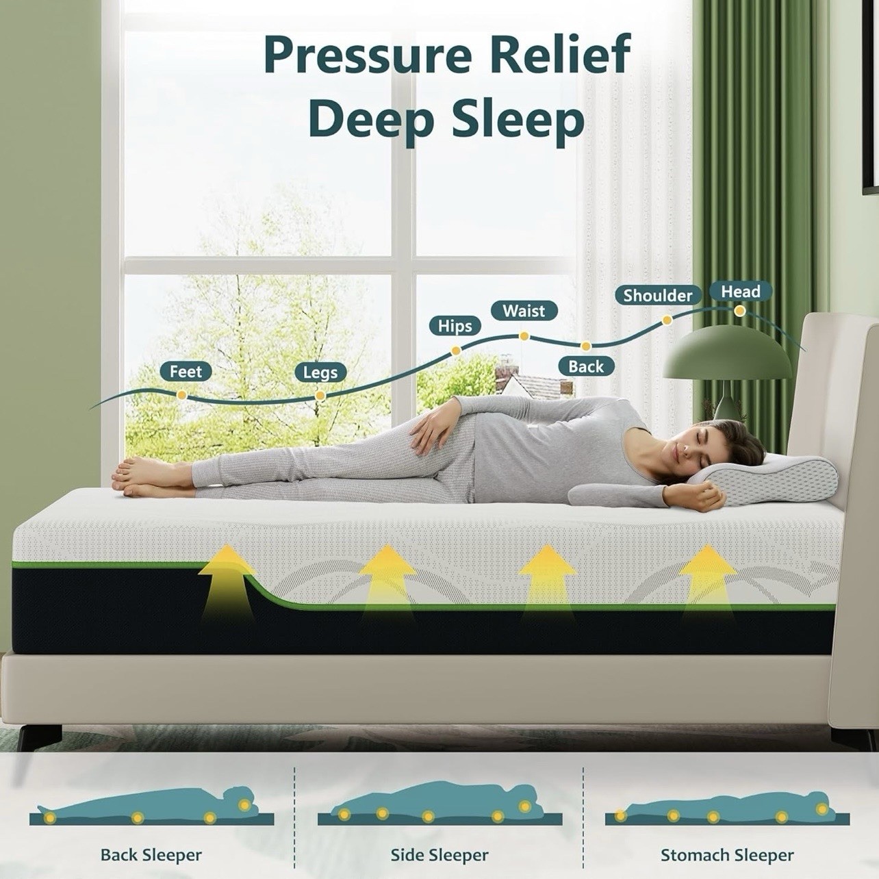 Rest Only Twin Medium Firm Hybrid Mattress, Pressure Relief, White/Black/Green