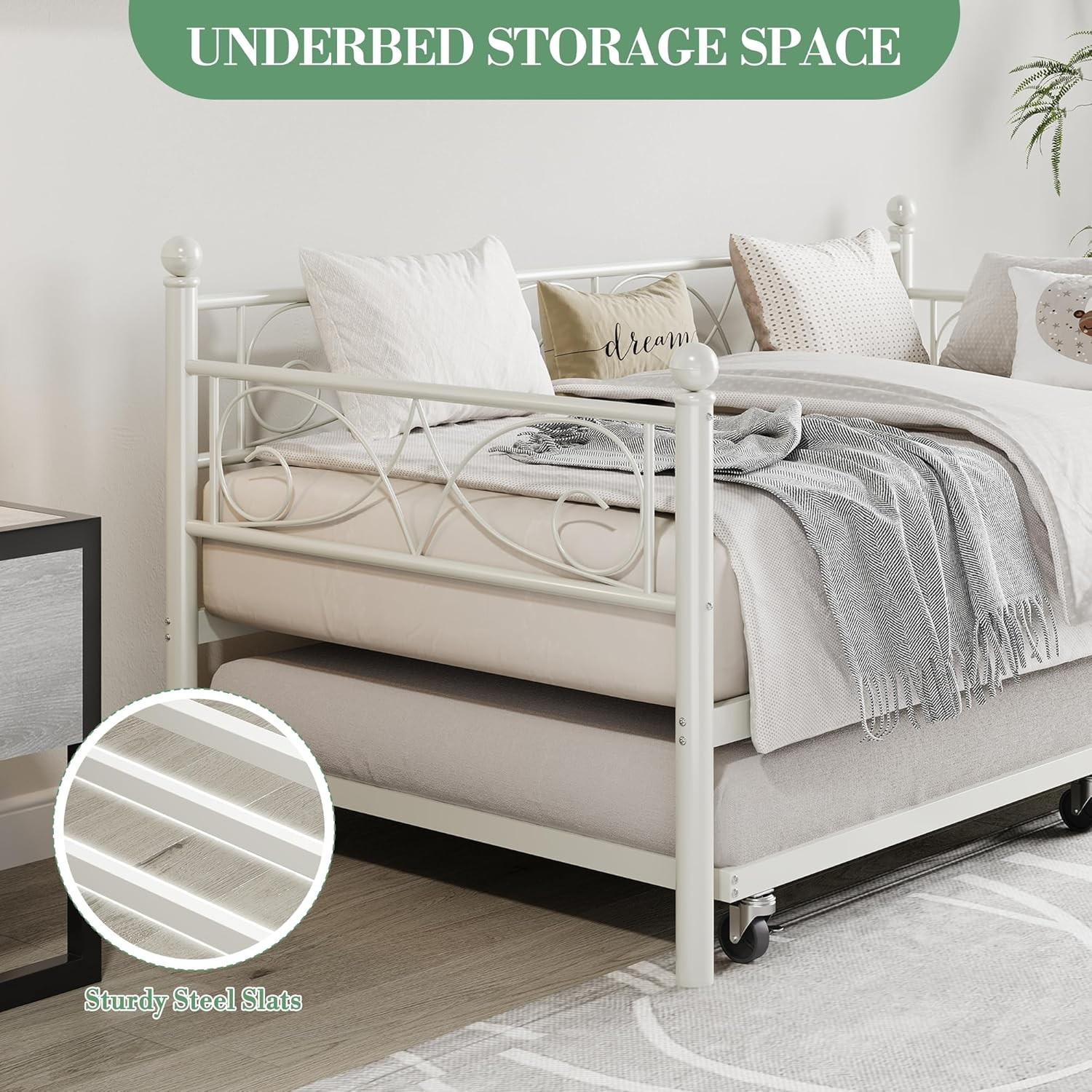 Twin Daybed with Trundle Bed, Space-Saving Metal Day Bed Fre with Floral
