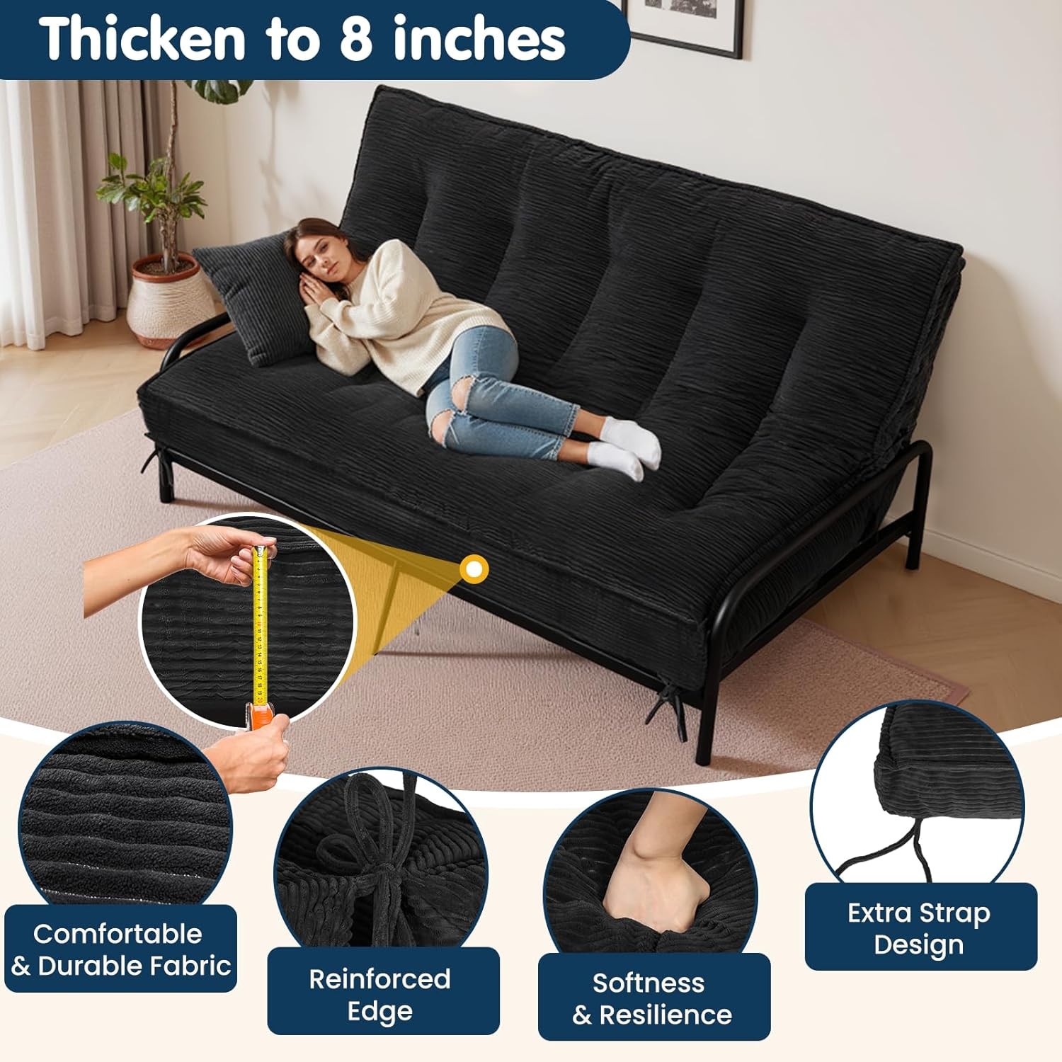 8 Inch Futon Mattr Queen Size, Futon Floor Sofa Bed Foldable with Soft