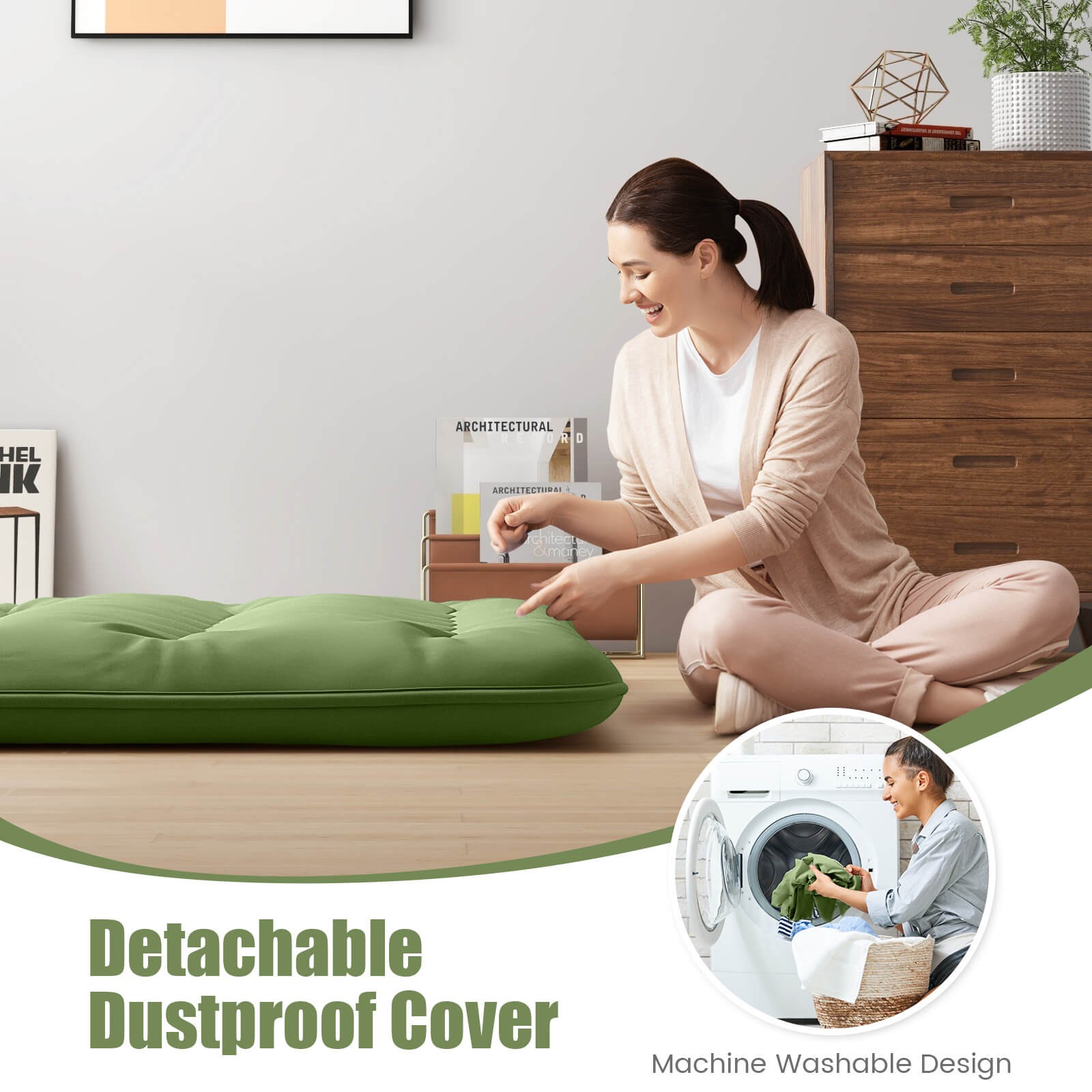 King Futon Mattress Japanese Floor Pad Washable Cover Carry Bag Green