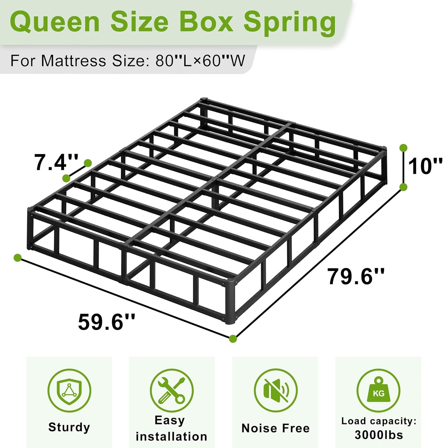 Queen Size 10″ Box Spring, Heavy Duty Metal Queen Mattress Foundation with