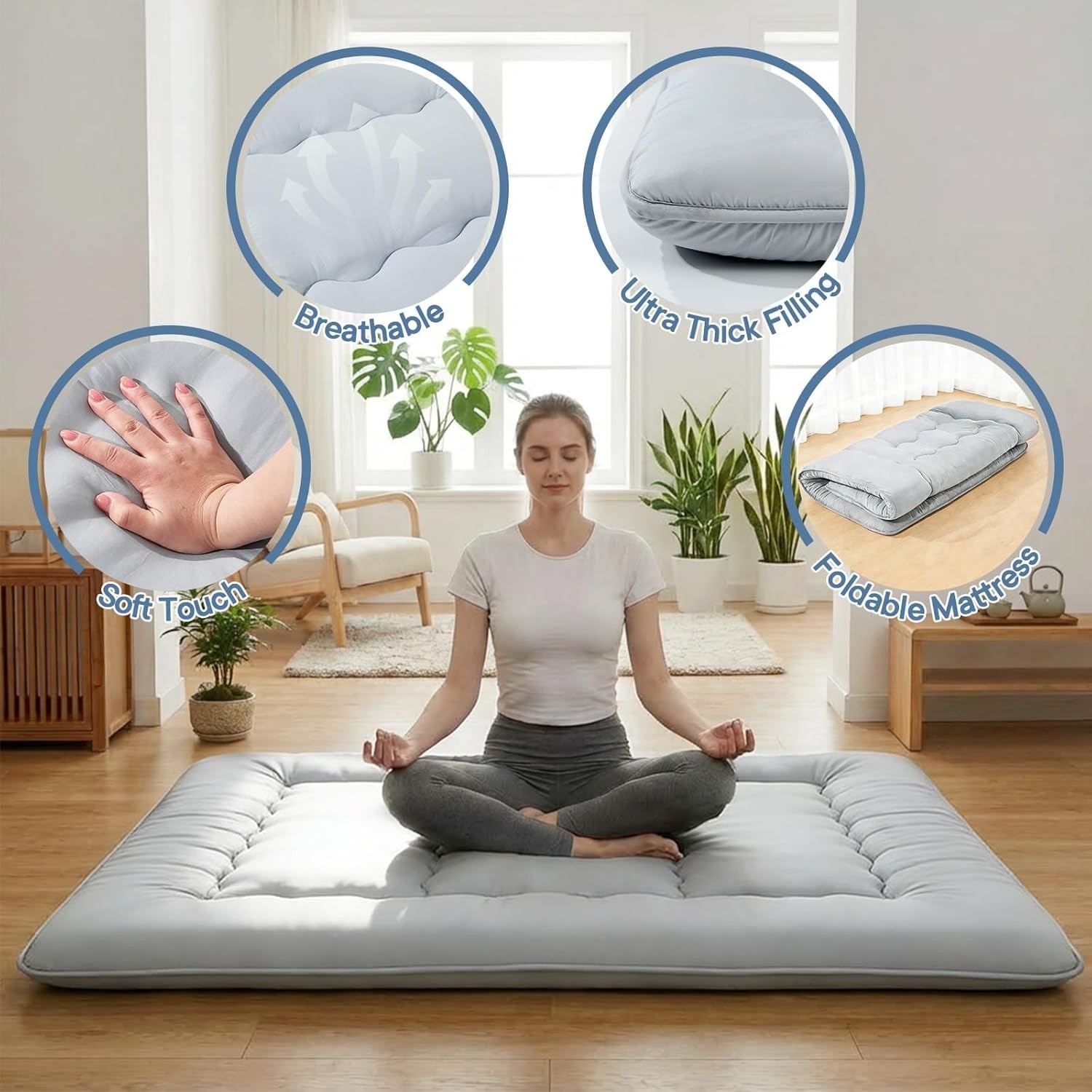 4″ Roll Up Floor Mattress Japanese Foldable Futon Mat Tatami w/ Removable Cover