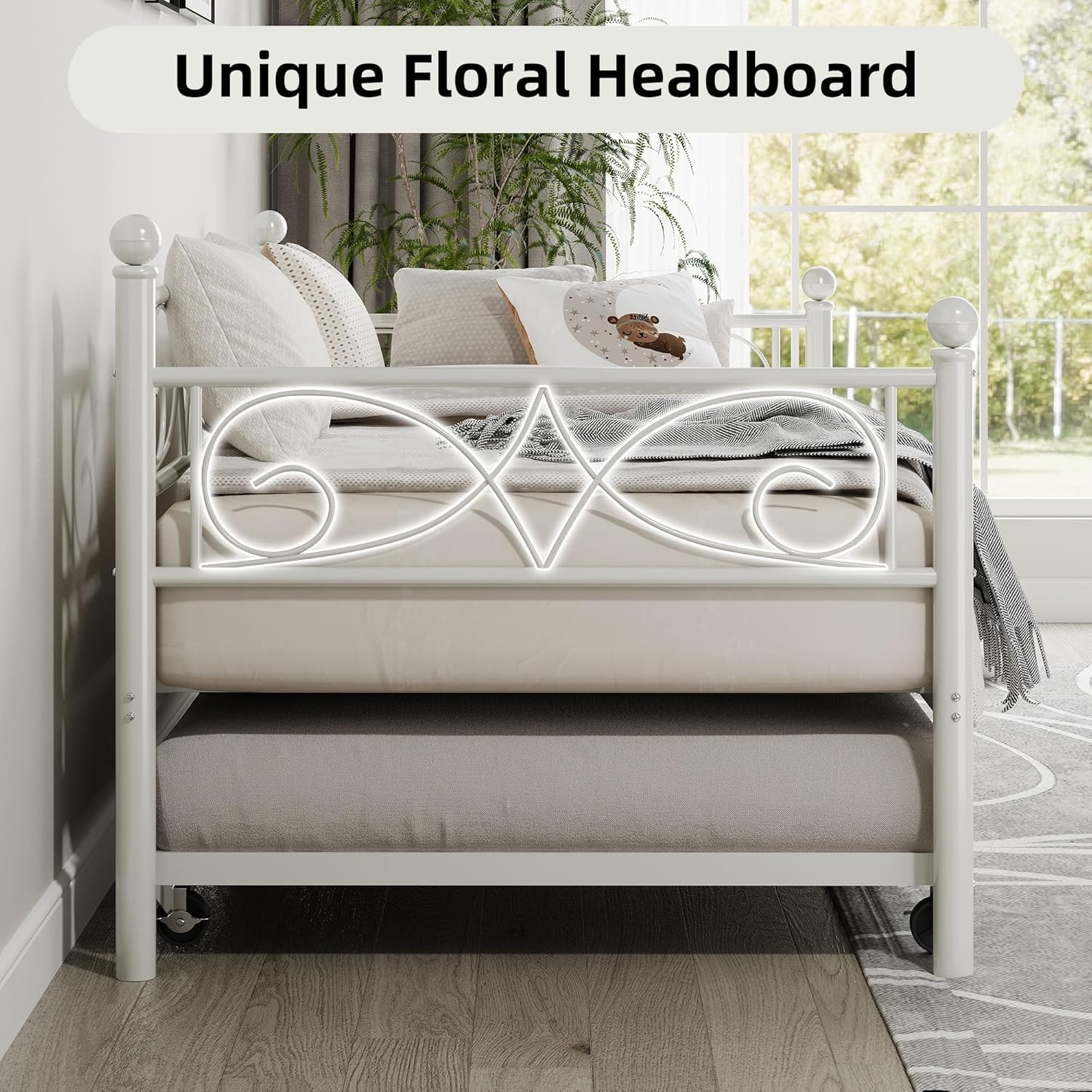 Twin Daybed with Trundle Bed, Space-Saving Metal Day Bed Fre with Floral