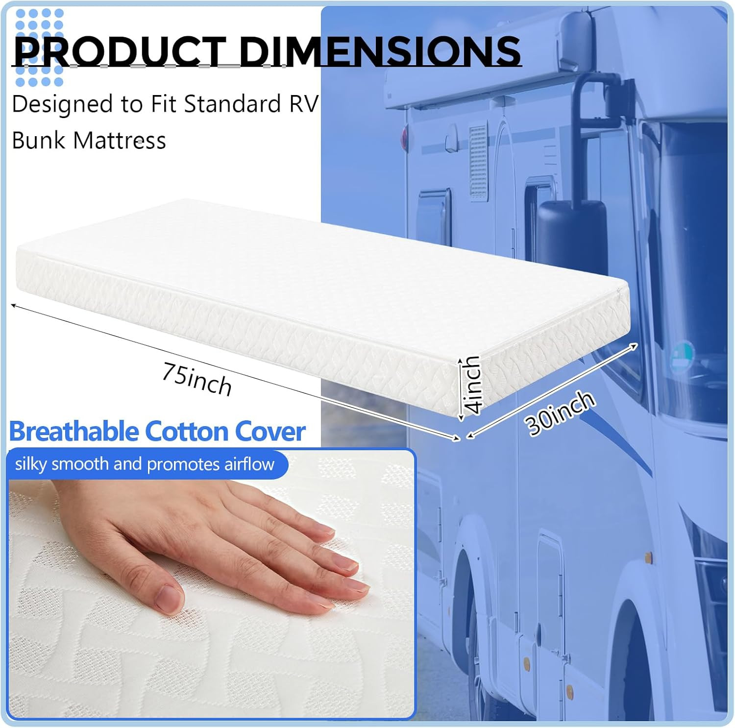 Upgraded 2.5 High Density RV Bunk Mattress (30″ X 75″ X 4″), Replacement Memory