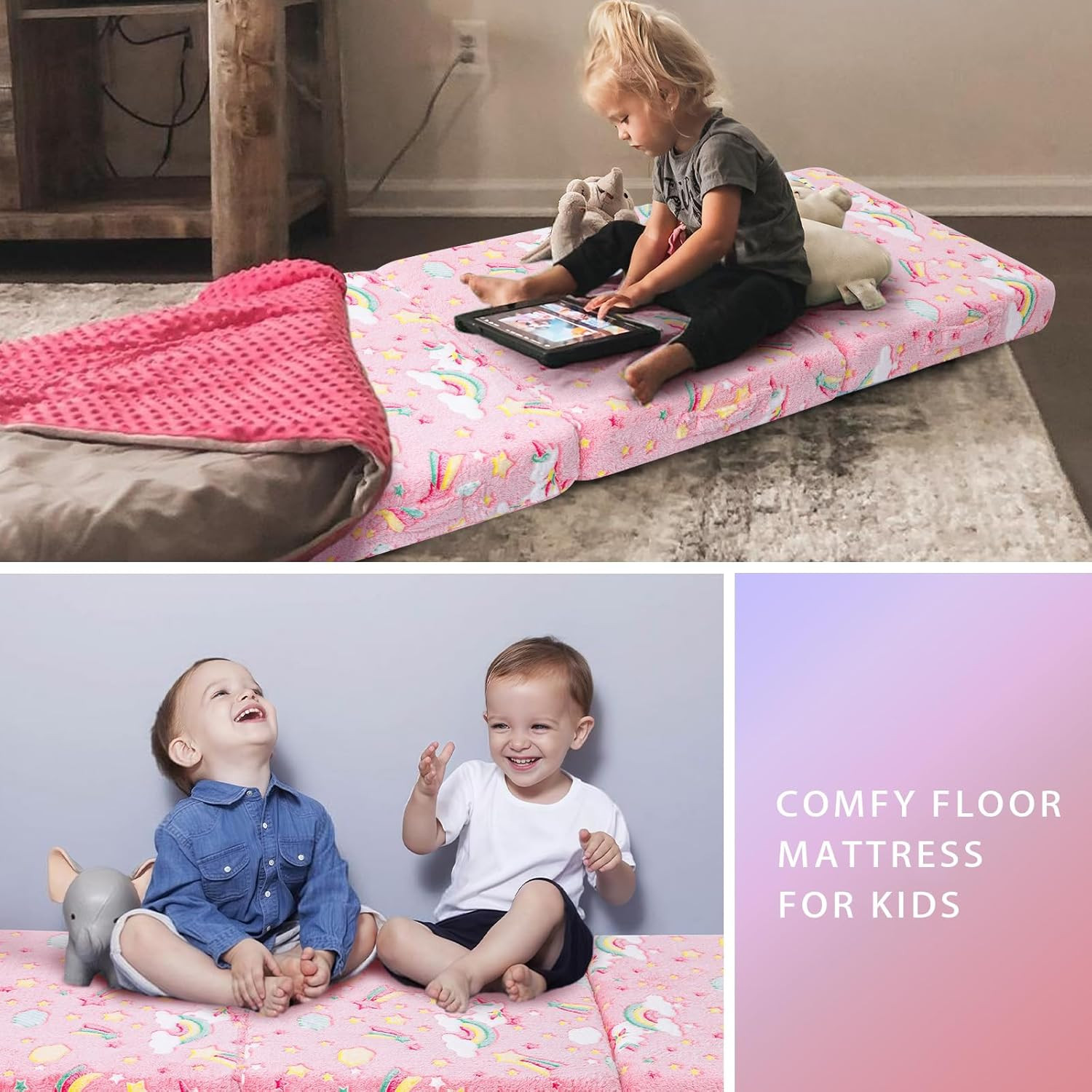 Glow Pink Unicorn Trifold Floor Mattress for Kids – Portable Nap Mat 57×22 Inch