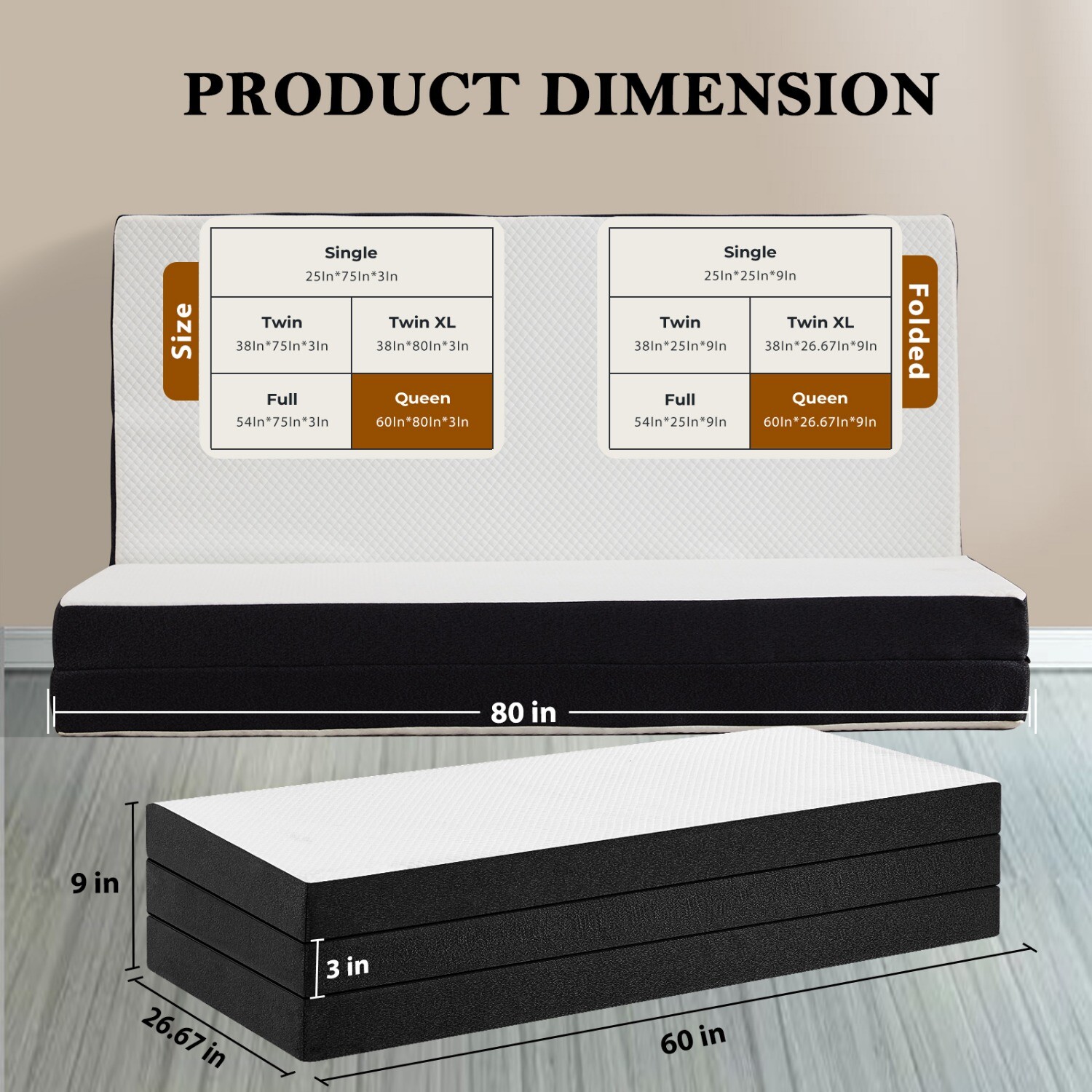 3″ Tri-fold Memory Foam Mattress w/ Washable Cover, Foldable&Portable Floor Bed