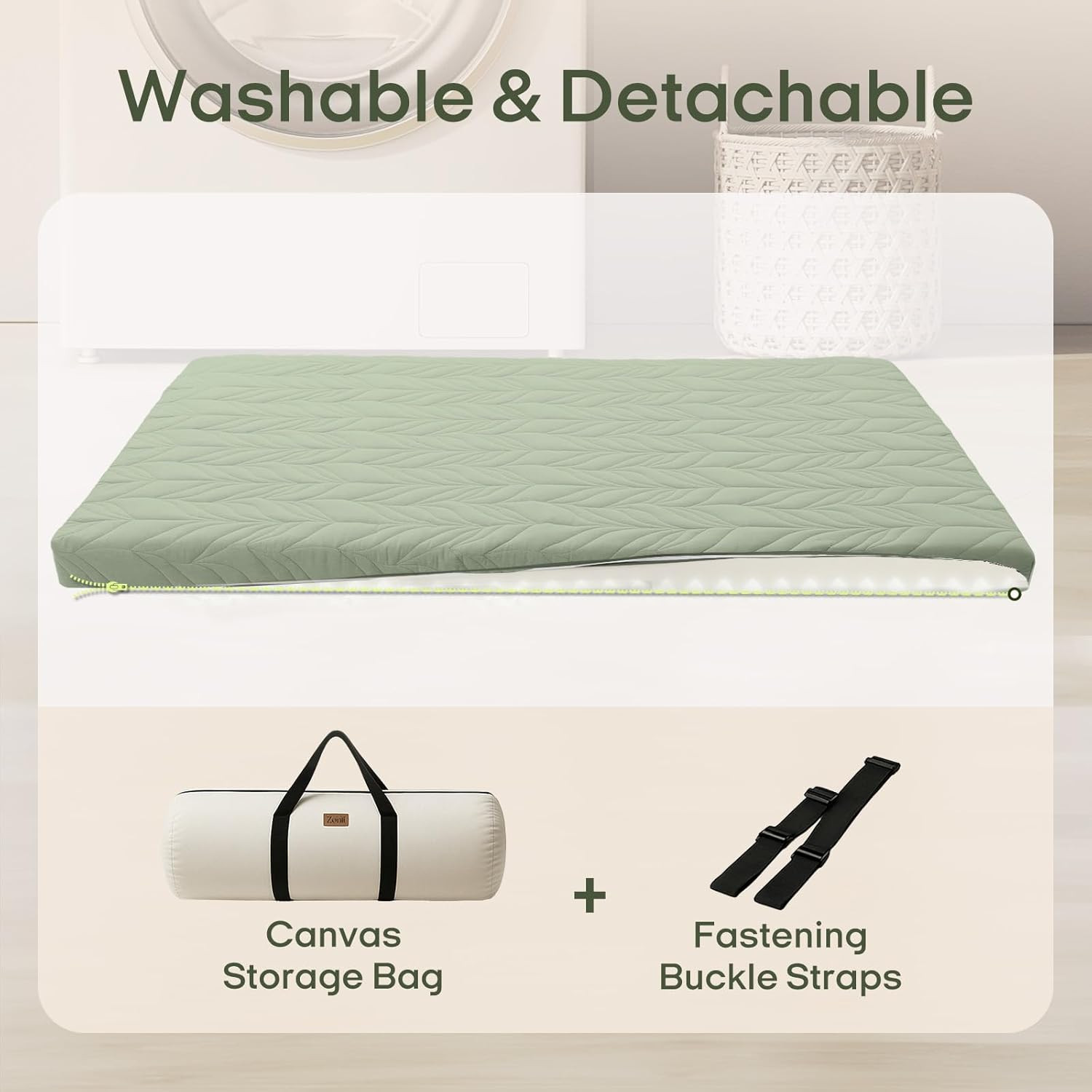 King Size Japanese Futon Mattress, 4″ Thick, Portable & Washable, Green
