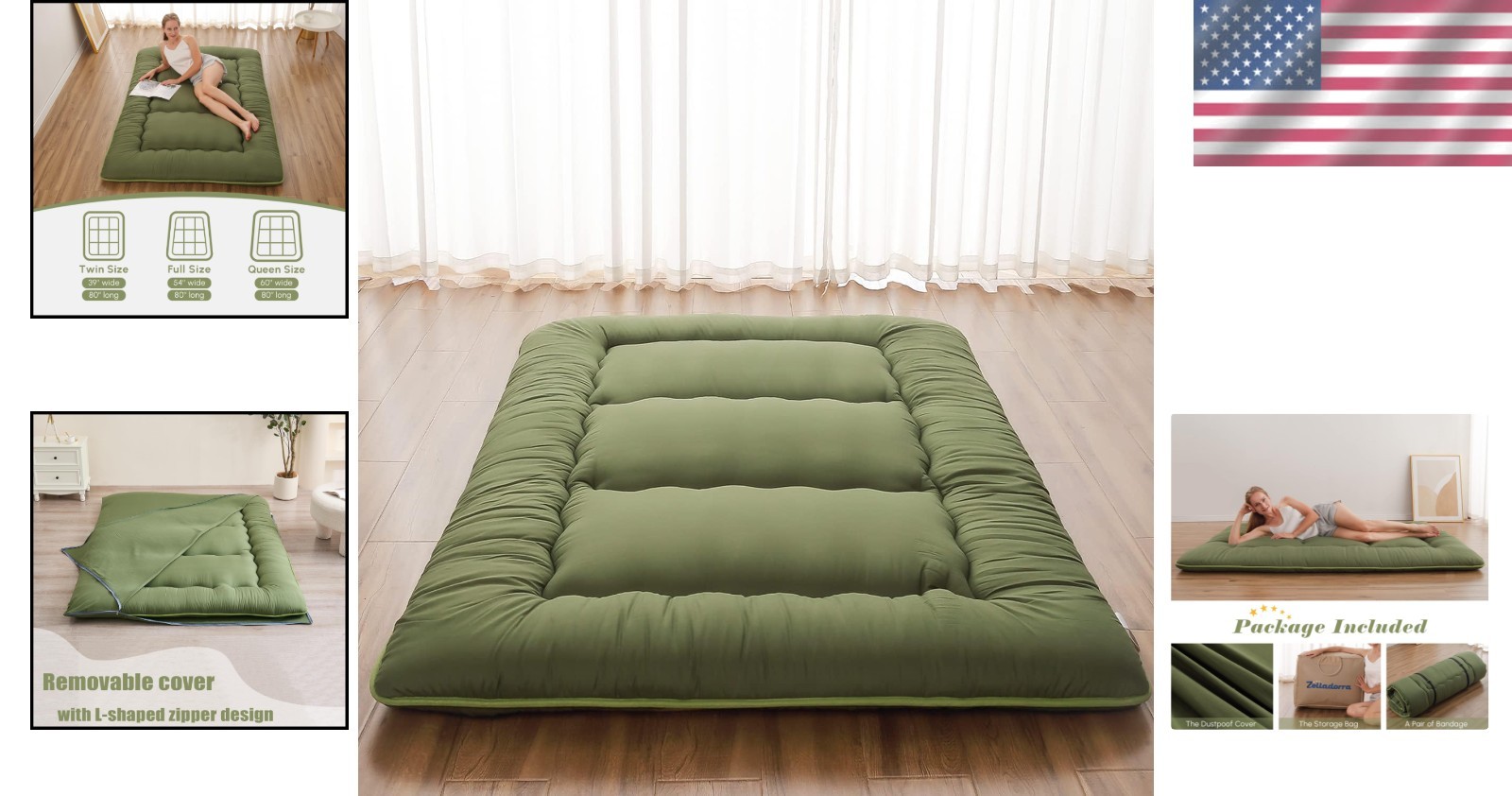 Portable Twin Japanese Futon Mattress – Memory Foam & Washable Cover, Green