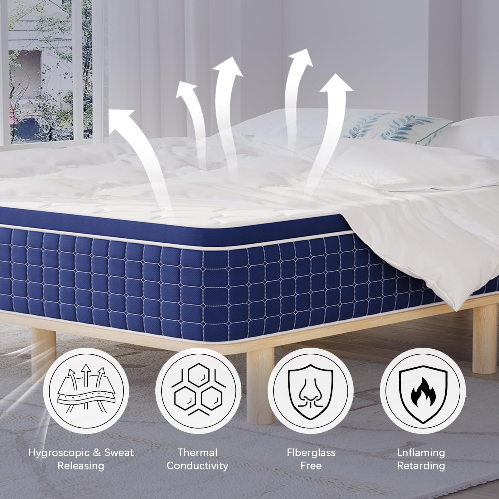 14 Inch Hybrid Mattress in a Box, 7-Zone Support Pocketed Coils & Air Fiber M…