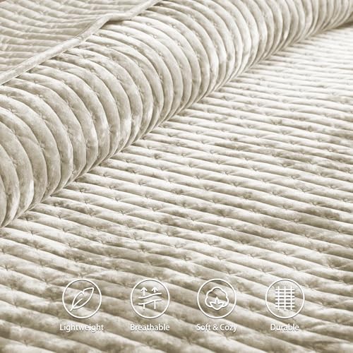 Velvet Quilt Set Full/Queen Size 90”x98”, Lightweight Beige Velvet