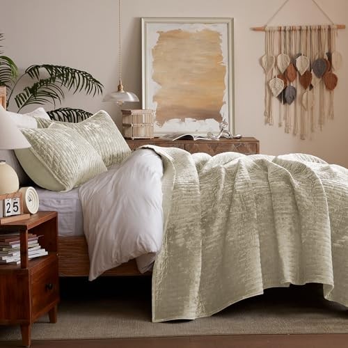 Velvet Quilt Set Full/Queen Size 90”x98”, Lightweight Beige Velvet