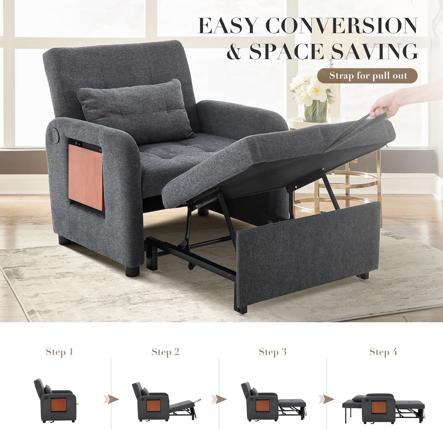Convertible Sleeper Chair-Fabric Futon Sofa Bed, Single Sleeper