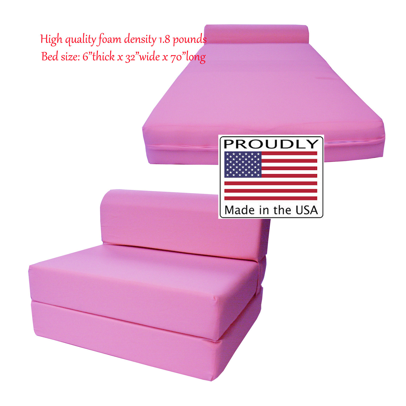 Pink 6 x 32 x 70 Sleeper Chair Folding Foam Beds, High Density Foam Sofa Bed