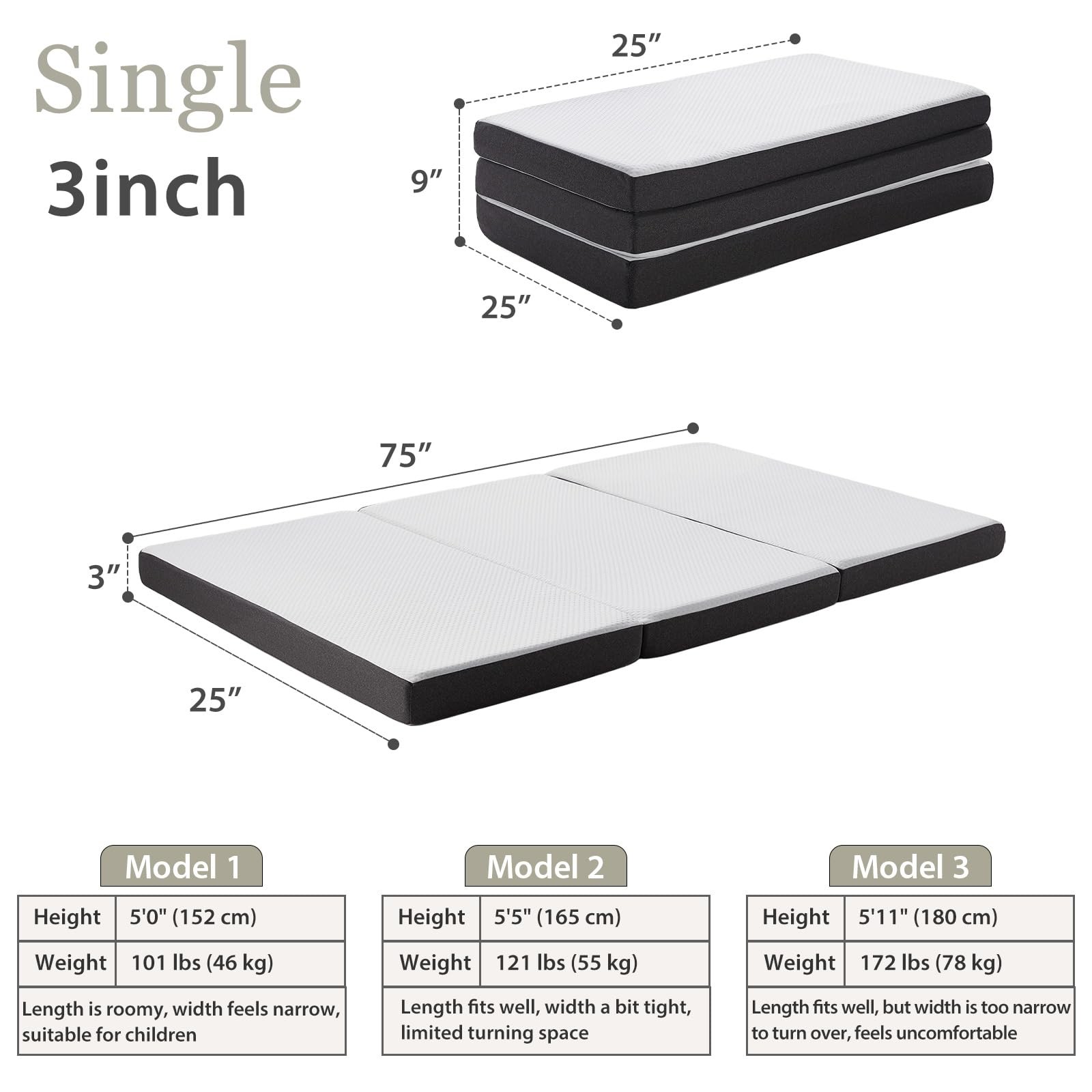 Tri Fold Memory Foam Foldable Mattress Single, 3 inch Folding Mattress for Gu…