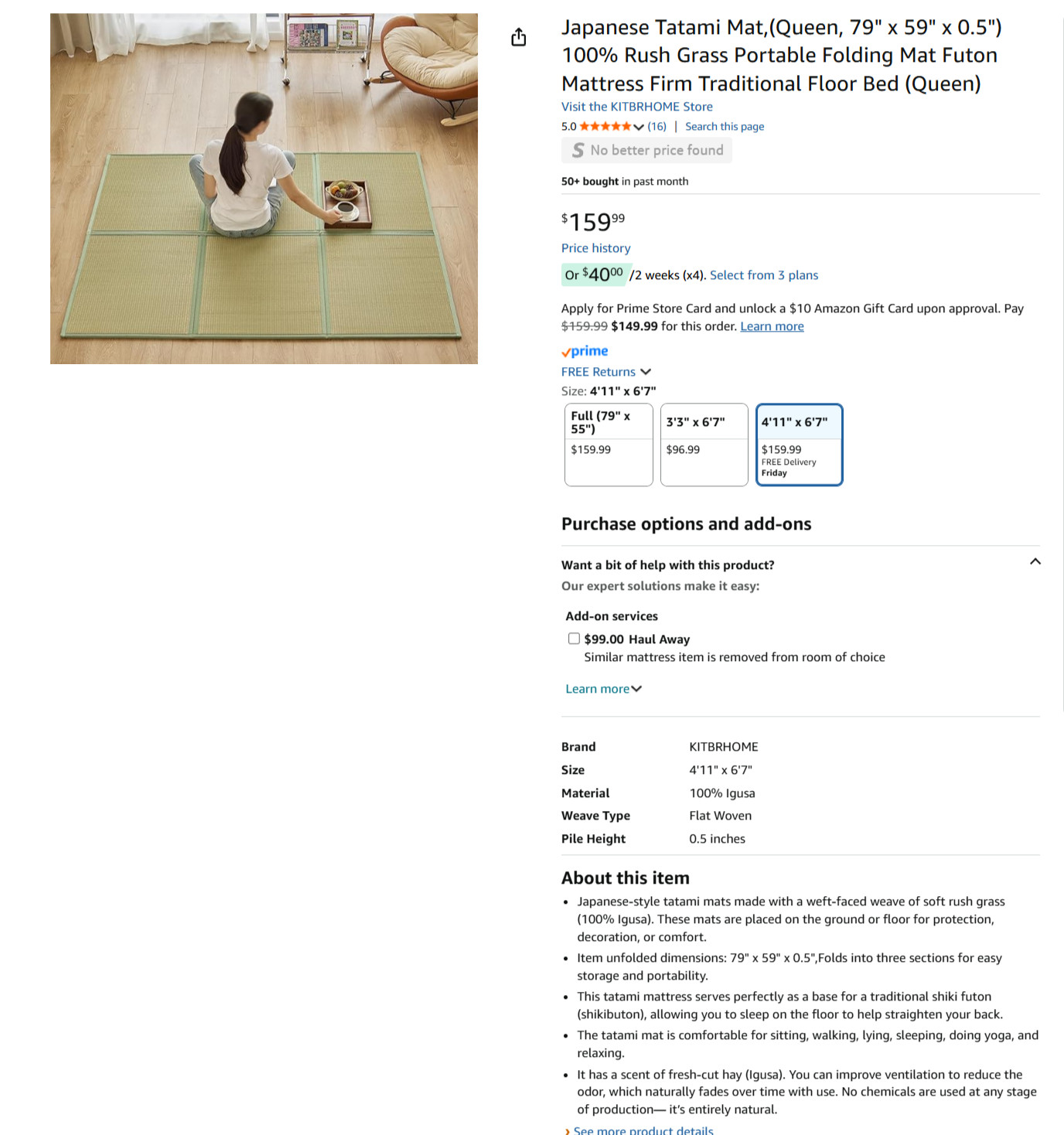 Japanese Tatami Mat 100% Rush Grass Mattress Queen 79”x60” Folding#1037GY1