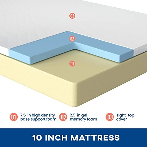 10″ Twin Gel Memory Foam Mattress – Medium Firm, Pressure Relief, Cooling, Washa