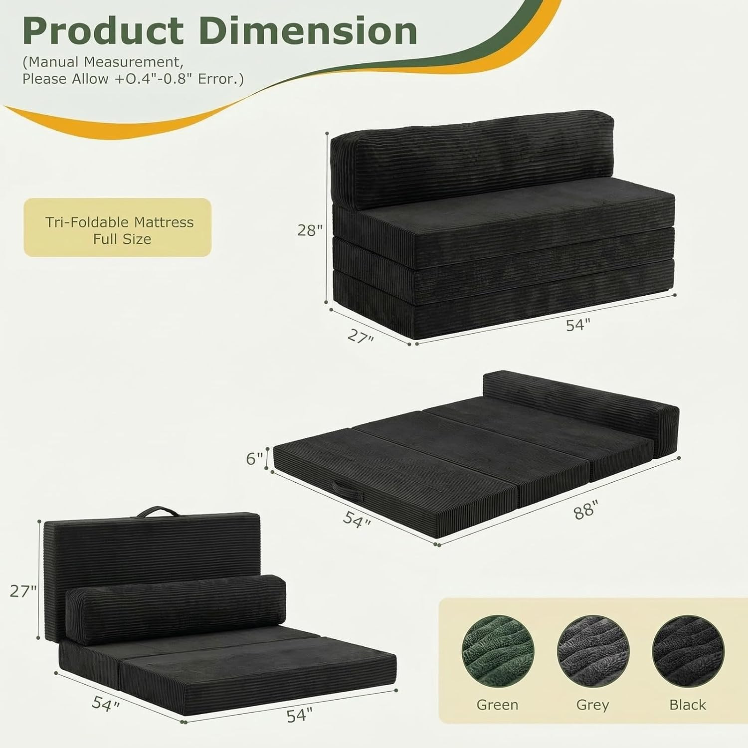 6″ Tri-Folding Full Mattress Sofa Bed, Washable Cover, High-Density Foam, Black