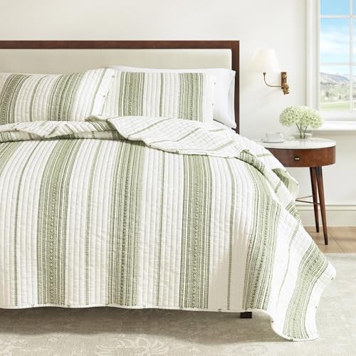 Striped Quilt Set – 3-Piece Full/Queen Size Full / Queen Cream/Green