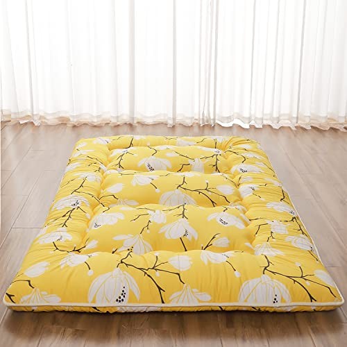 Japanese Floor Mattress, Queen（80″L x 60″W） Yellow Flower ( 4″th + Dust Cover ）