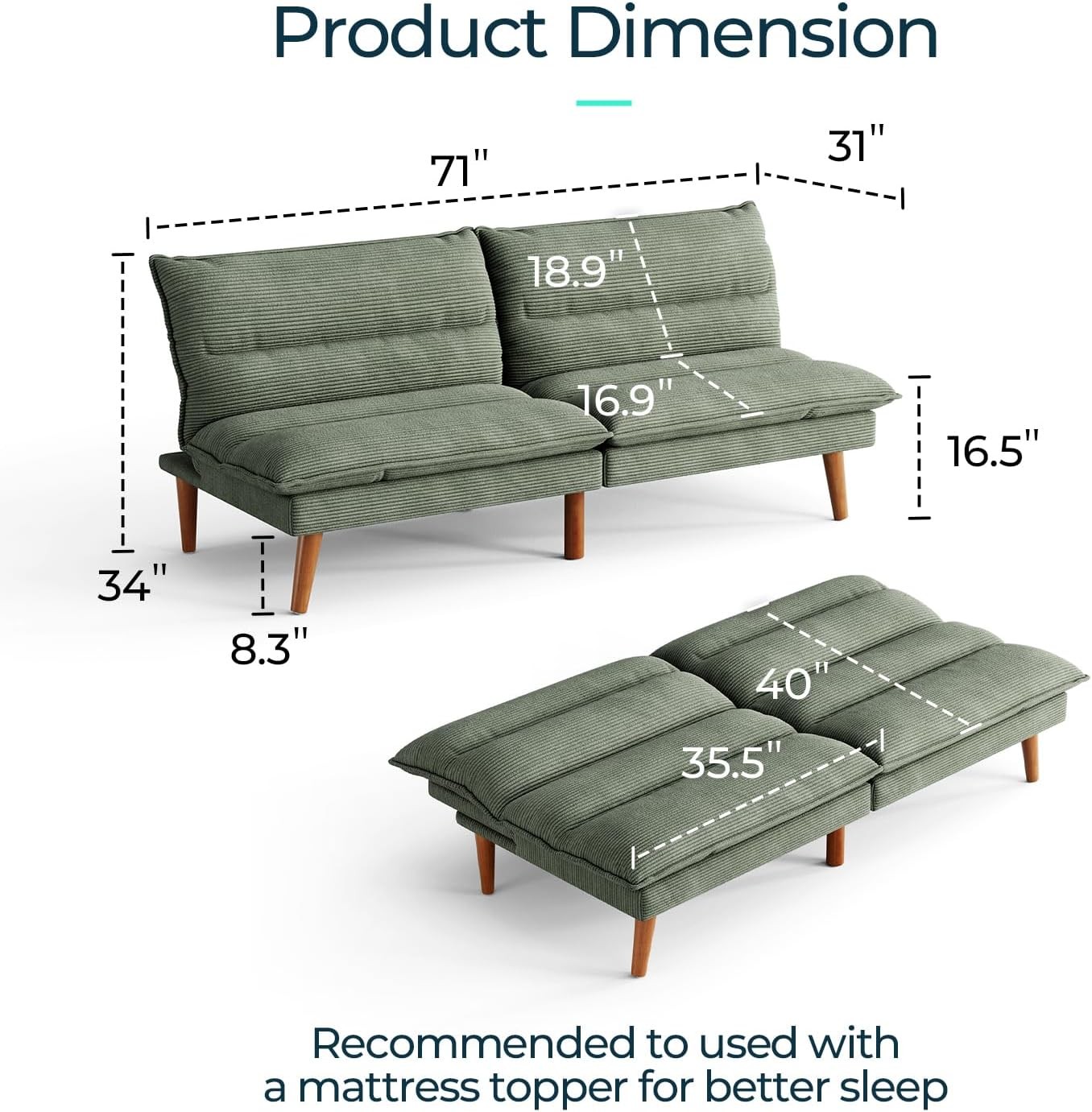 Futon Sofa Bed – Convertible Corduroy Futon Couch Bed with