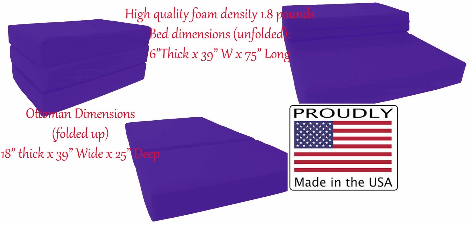 Queen Purple Trifold Foam Bed, Folding Mattress 6 x 60 x 80, 1.8 lbs Density