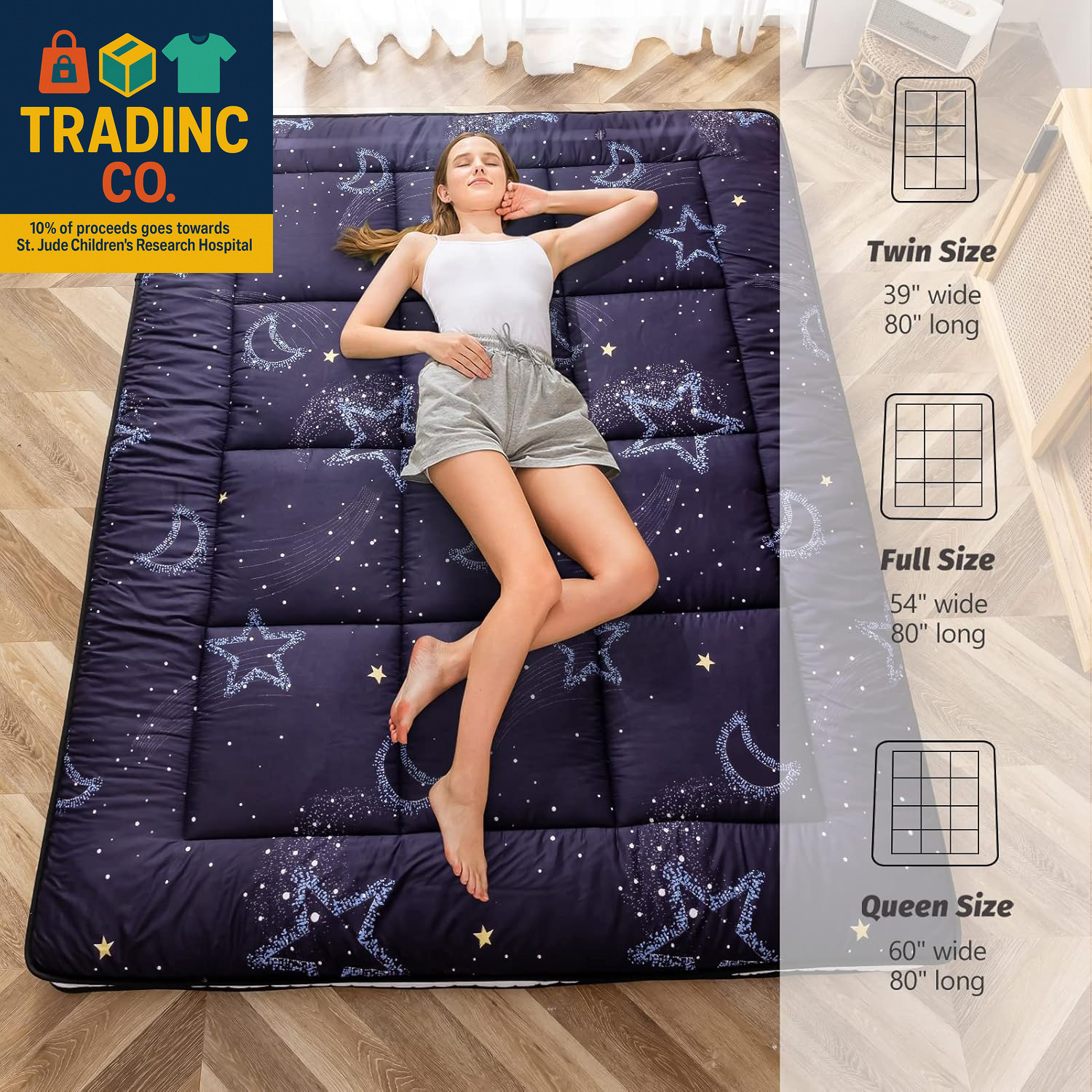 Black Moon and Star Quilted Futon Mattress, Extra Thick Twin Floor Lounger