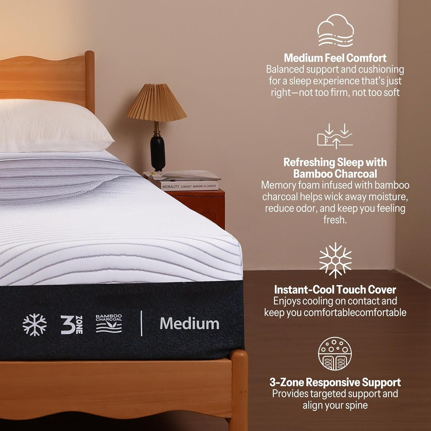 12″ Queen Hybrid Mattress – Bamboo Charcoal Gel, Back Pain Relief, CertiPUR-US