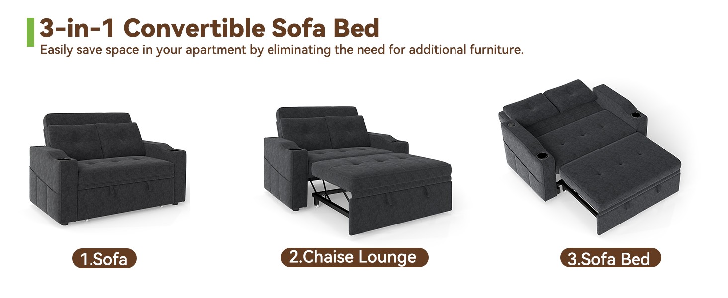 Sleeper Sofa Bed, 3-in-1 Loveseat Sofa with USB Charging Ports,
