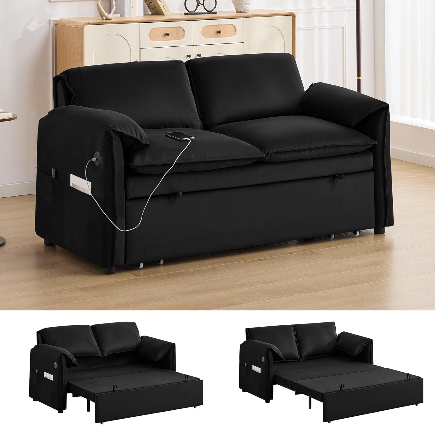 63″ Pull Out Sofa Bed, 3-in-1 Convertible Futon Loveseat Queen Sleeper