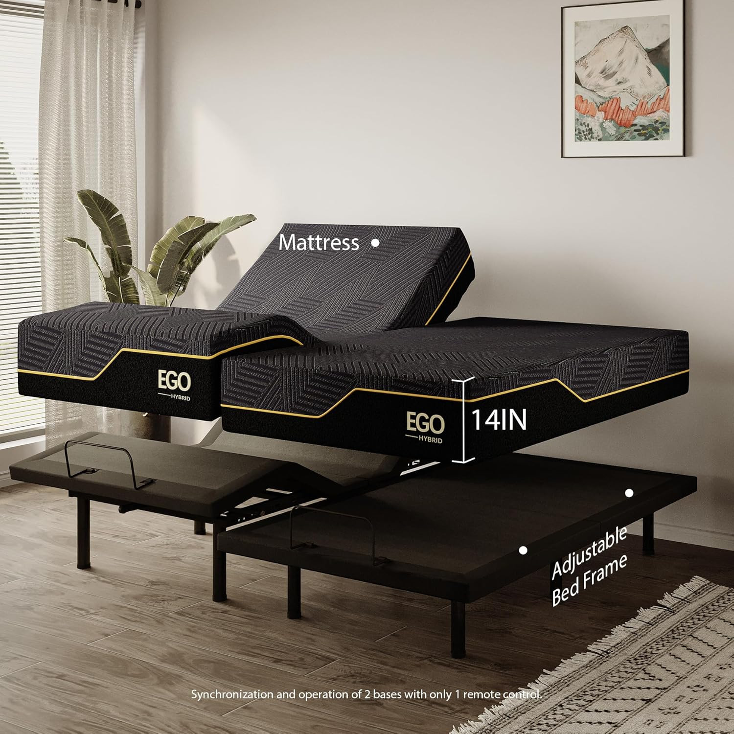 EGOHOME Split King Adjustable Bed Frame & 14″ Memory Foam Mattress Set