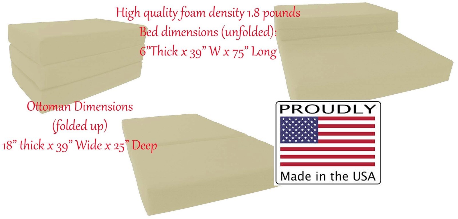 Twin Size Shikibuton Trifold Foam Bed, Folding Mattress Density 1.8 lbs Tan