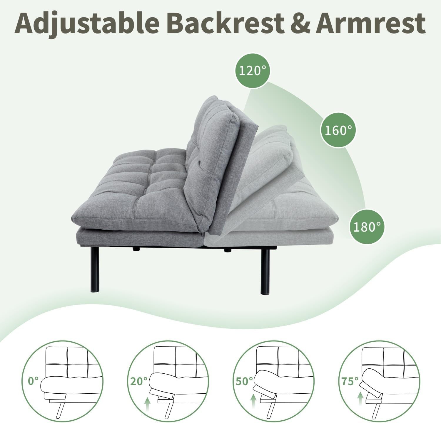 MUUE 71-Inch Futon Sofa Bed, Convertible Loveseat Sleeper | Airy Light