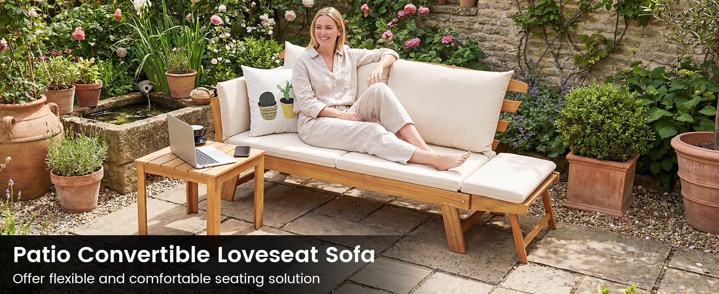 Convertible Acacia Wood Patio Couch Sofa Bed with Adjustable