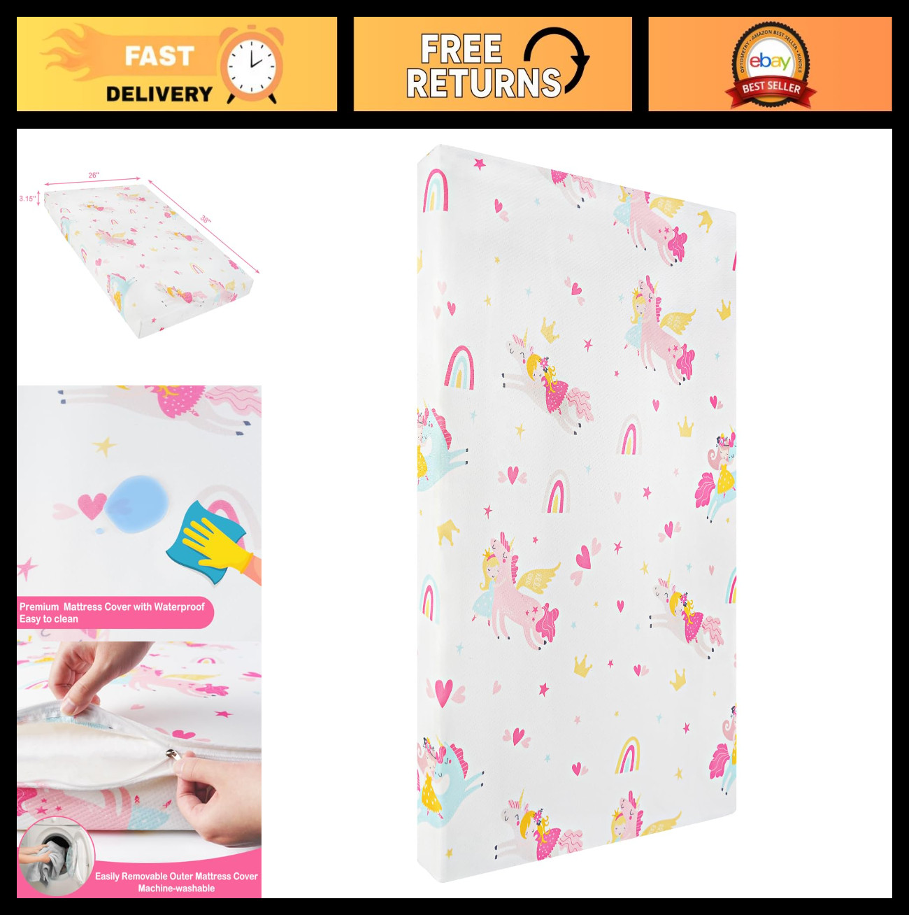 Portable Pack n Play Mattress 38″x26″ – Premium Soft Foam, Odorless, Breathable