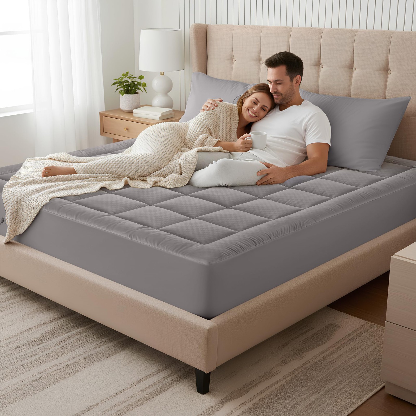 Queen Mattress Pad Quilted Pillow Top Cooling Deep Pocket Light Grey Bed Prot…